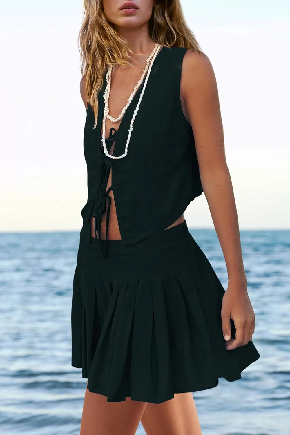 Panadila Womens 2 Piece Skirt Sets Beach Linen Set Tie Front Vest Top and Pleated Skirts Matching Outfits