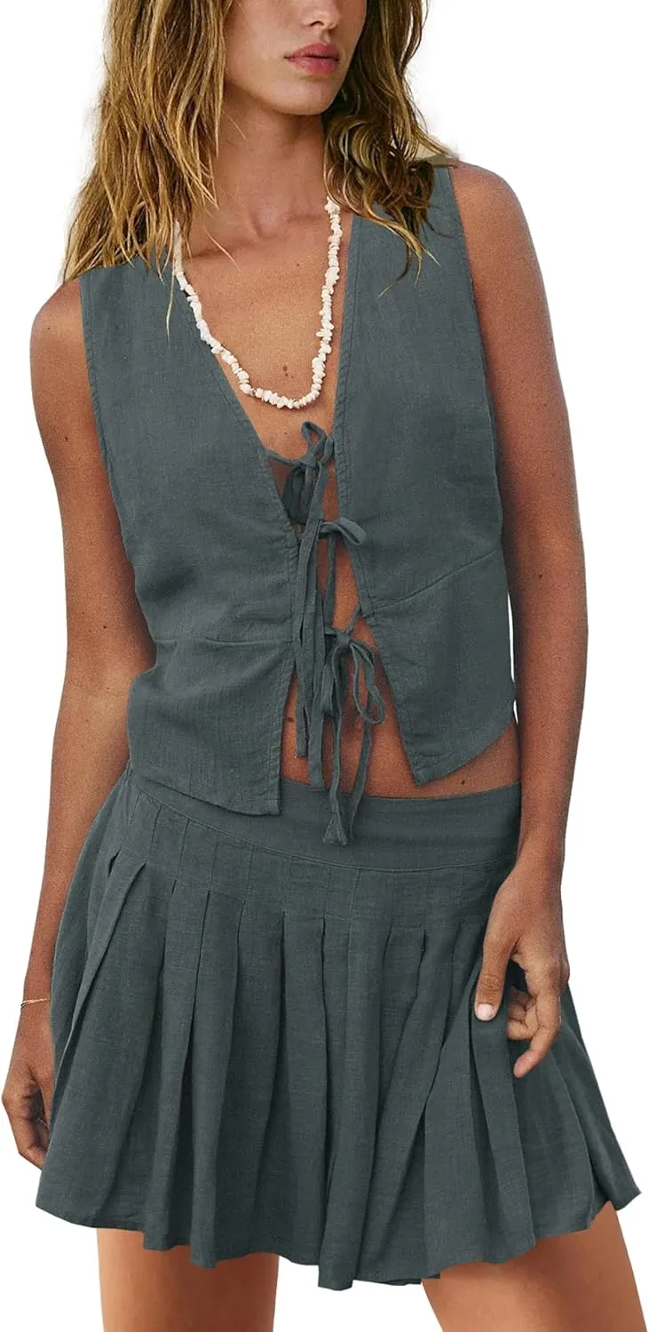 Panadila Womens 2 Piece Skirt Sets Beach Linen Set Tie Front Vest Top and Pleated Skirts Matching Outfits