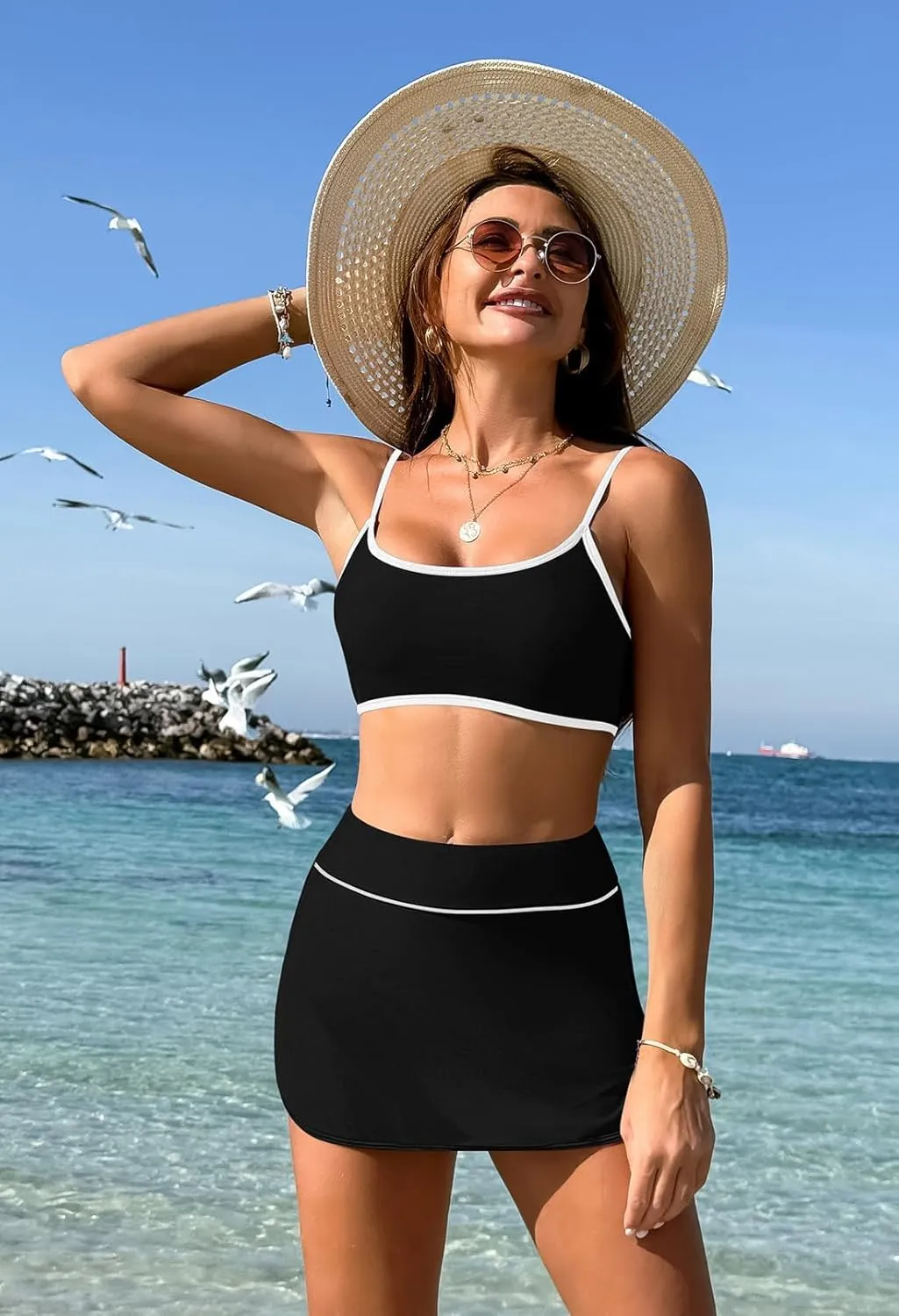 Pink Queen Women's High Waisted Bikini Set 2 Piece Swimsuit Bikini Top with Swim Skirt Bathing Suit Summer 2025
