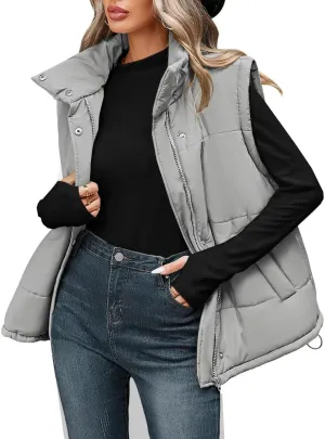 Pink Queen Womens Oversized Quilted Puffer Vest Casual Loose Sleeveless Stand Collar Zip Up Fall Winter Warm Outerwear Jacket