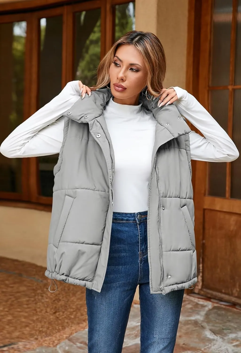 Pink Queen Womens Oversized Quilted Puffer Vest Casual Loose Sleeveless Stand Collar Zip Up Fall Winter Warm Outerwear Jacket