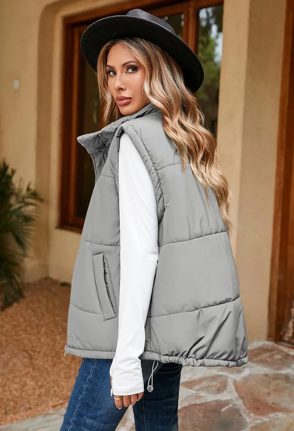 Pink Queen Womens Oversized Quilted Puffer Vest Casual Loose Sleeveless Stand Collar Zip Up Fall Winter Warm Outerwear Jacket