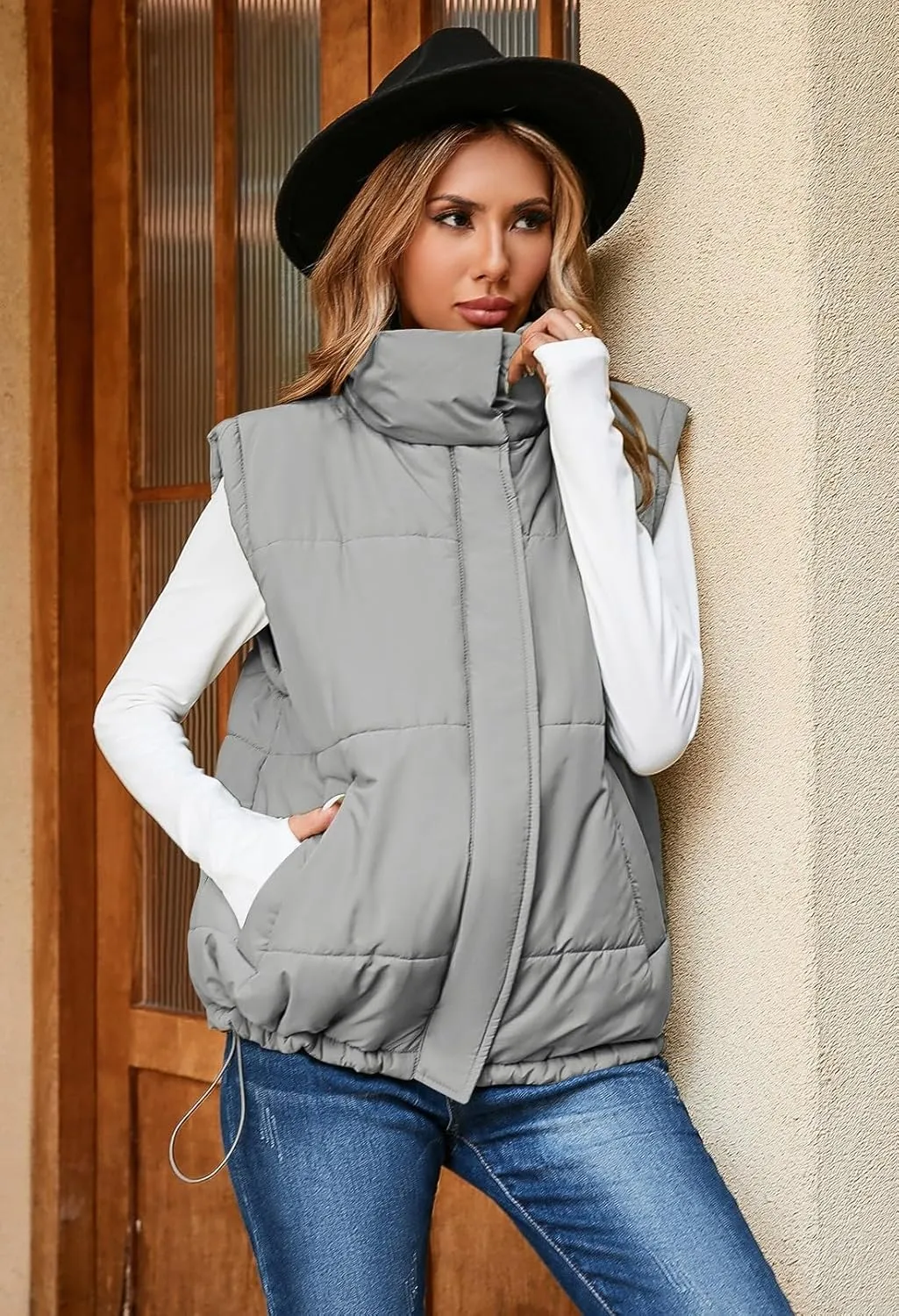 Pink Queen Womens Oversized Quilted Puffer Vest Casual Loose Sleeveless Stand Collar Zip Up Fall Winter Warm Outerwear Jacket