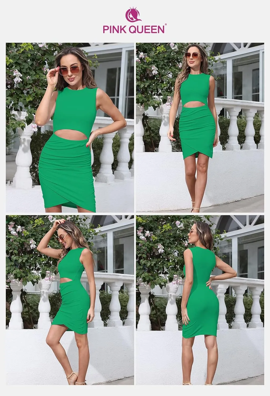 Pink Queen Women's Summer Crew Neck Sleeveless Cutout Ruched Ribbed Bodycon Mini Short Dress