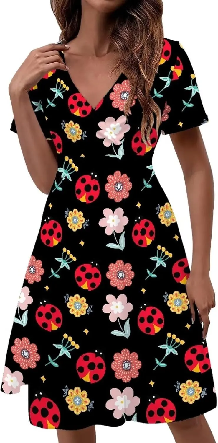 PinUp Angel Womens Summer Wrap V Neck Dresses with Pockets Beach Casual Tshirt Short Sleeve Tunic Flowy Sundresses