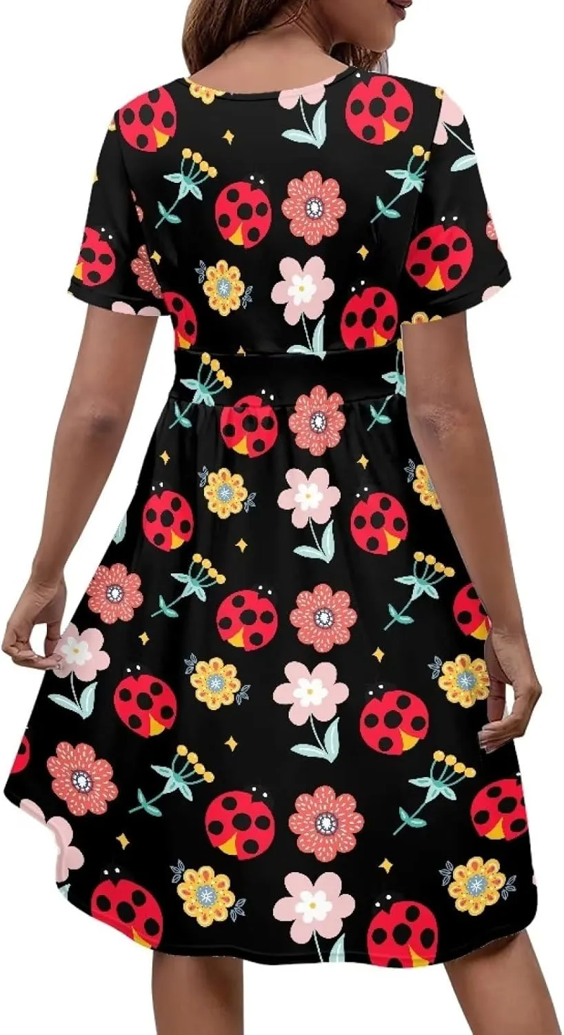 PinUp Angel Womens Summer Wrap V Neck Dresses with Pockets Beach Casual Tshirt Short Sleeve Tunic Flowy Sundresses