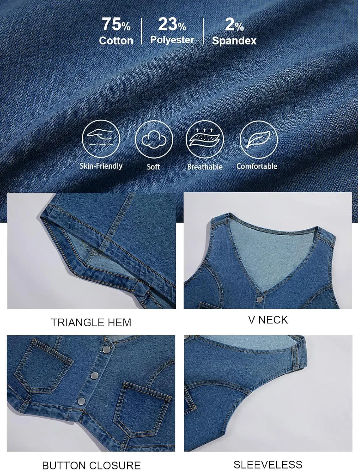 PLNOTME Womens Denim Vest Button Down Cropped Jean Top Sleeveless V Neck Vintage Tank with Pockets