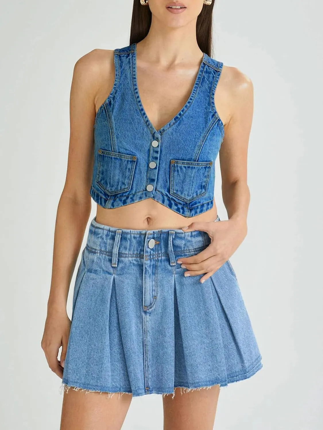 PLNOTME Womens Denim Vest Button Down Cropped Jean Top Sleeveless V Neck Vintage Tank with Pockets