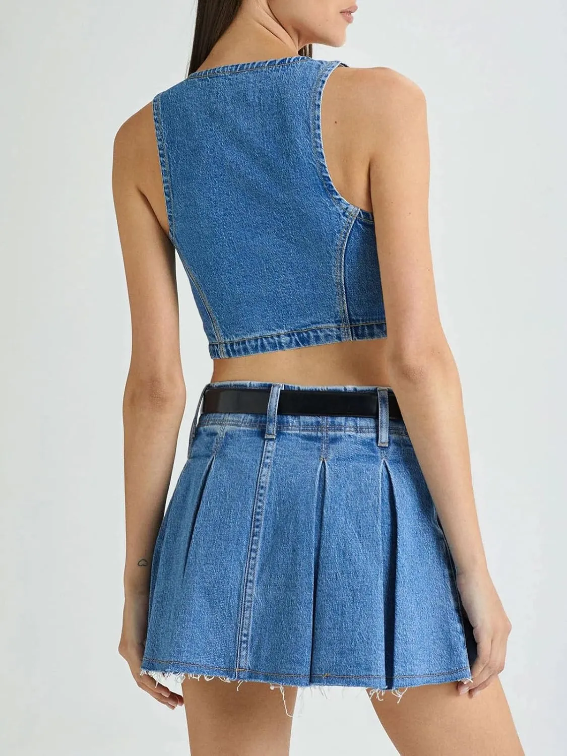 PLNOTME Womens Denim Vest Button Down Cropped Jean Top Sleeveless V Neck Vintage Tank with Pockets