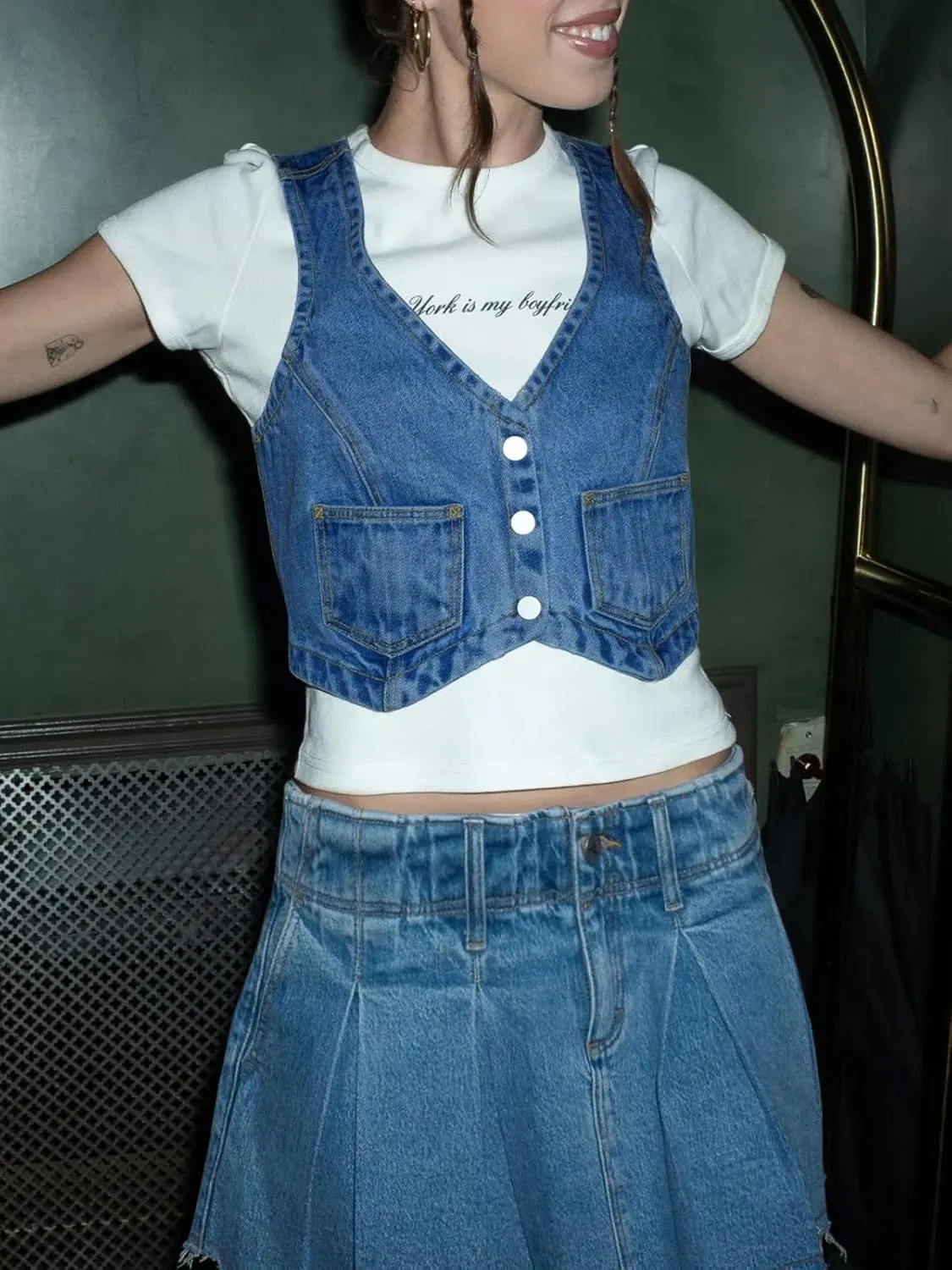 PLNOTME Womens Denim Vest Button Down Cropped Jean Top Sleeveless V Neck Vintage Tank with Pockets