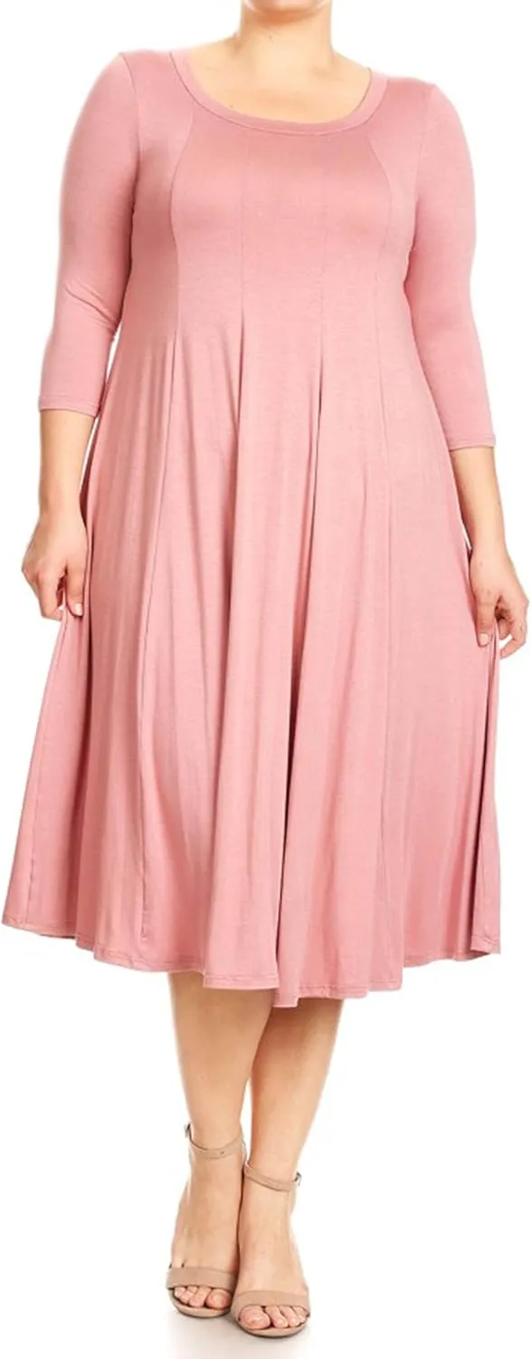 Plus Size Casual Comfy Solid Print 3/4 Sleeve A-line Midi Dress/Made in USA Dusty Rose 3XL