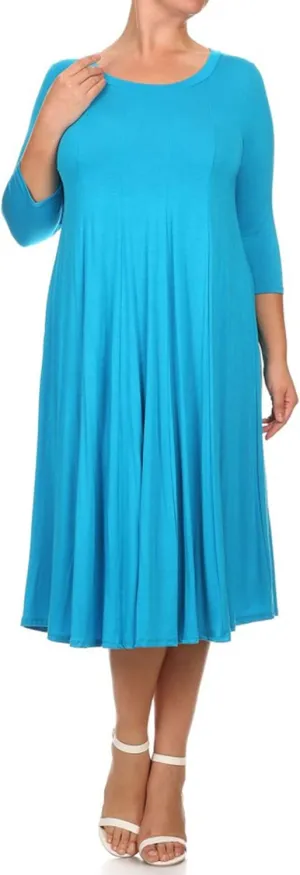 Plus Size Casual Comfy Solid Print 3/4 Sleeve A-line Midi Dress/Made in USA Turquoise 3XL