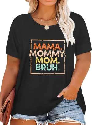 Plus Size Mama Shirts for Women Mama Mommy Mom Bruh Shirts Funny Mom Letter Print Tee Casual Short Sleeve Tops