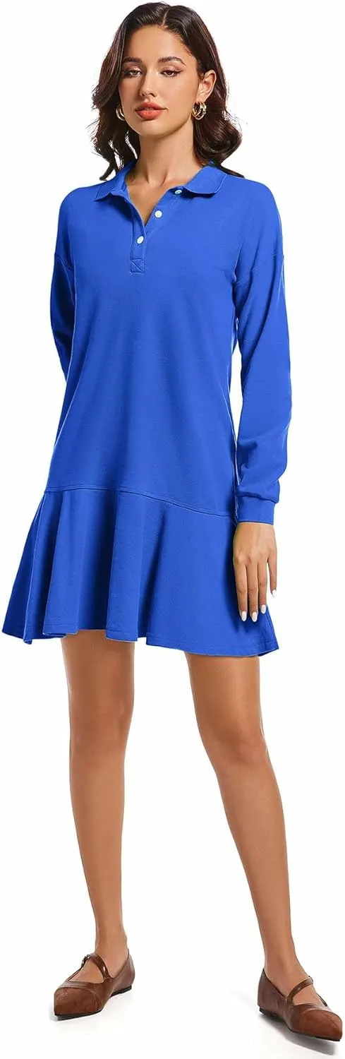Polo Dress for Women Long Sleeve Ruffle Hem Golf Tennis Workout Dress Spring Mini Dresses