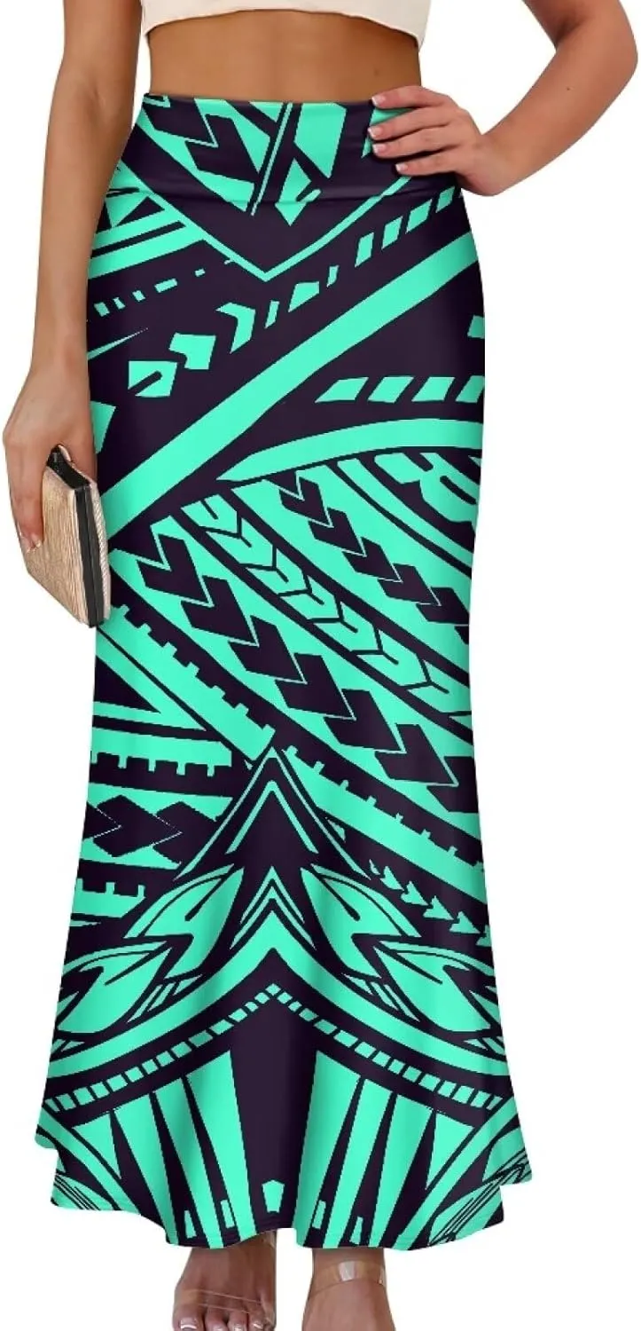 Polynesian Tapa Puletasi Samoan Long Maxi Skirts for Women Vintage High Waisted A-Link Long Maxi Skirt