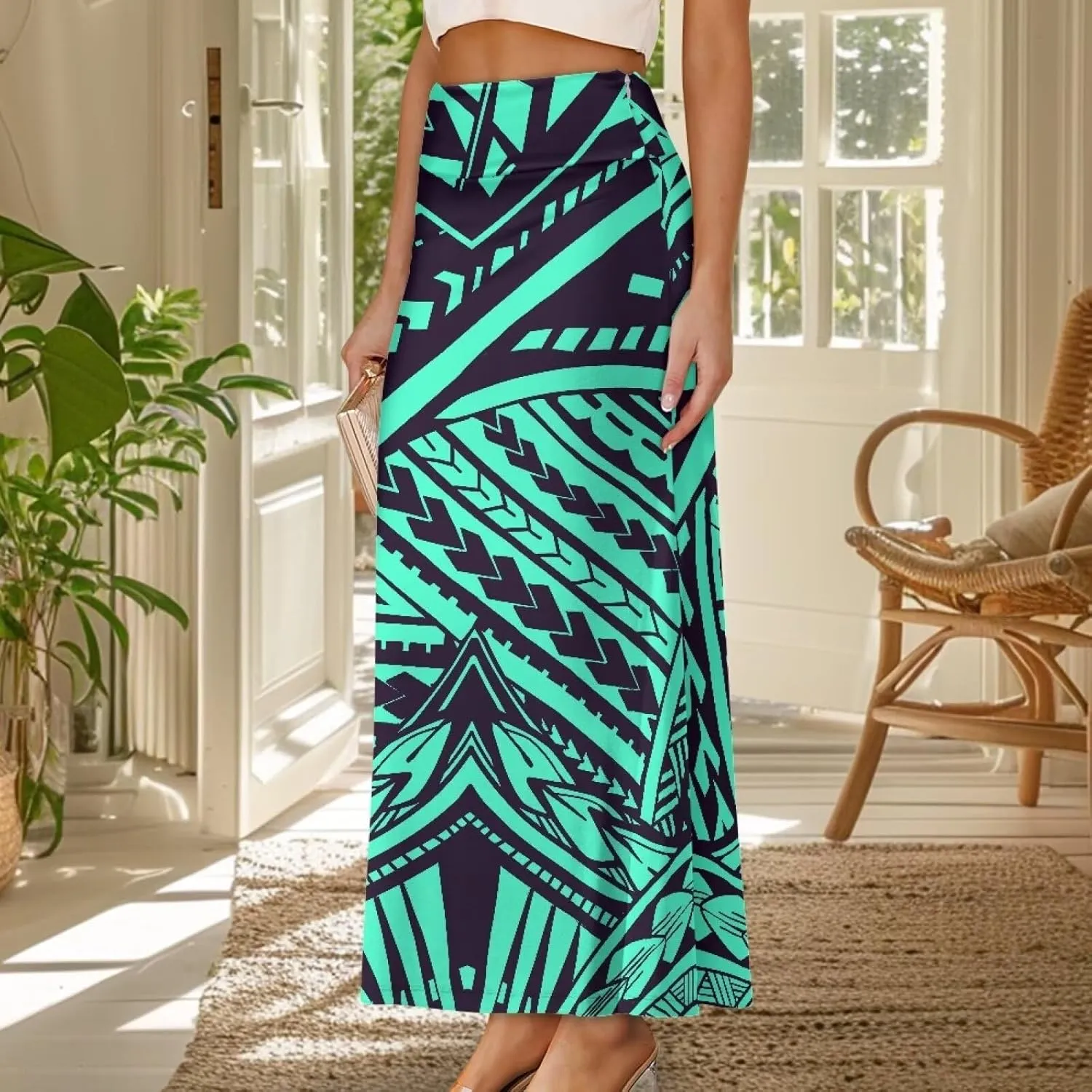 Polynesian Tapa Puletasi Samoan Long Maxi Skirts for Women Vintage High Waisted A-Link Long Maxi Skirt