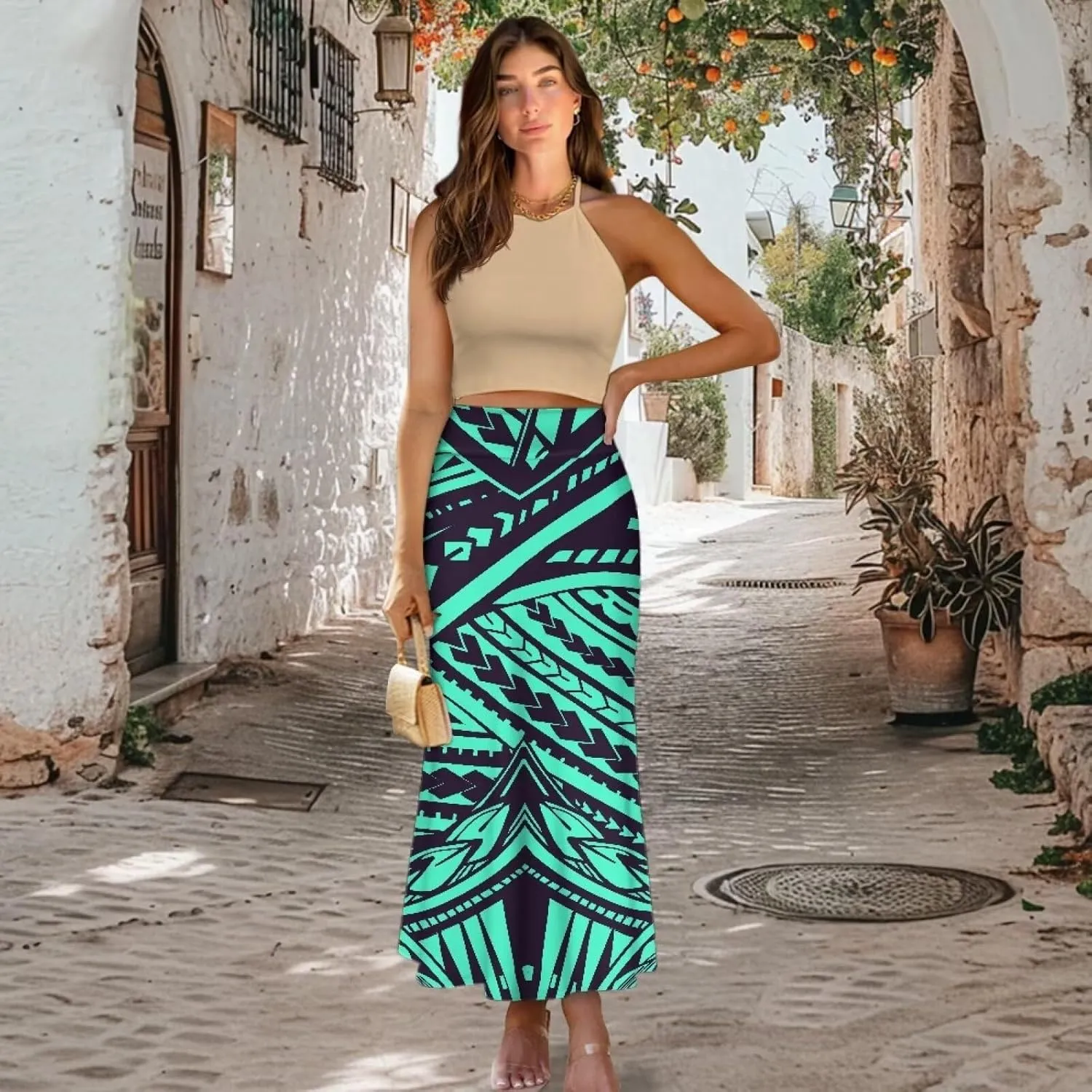 Polynesian Tapa Puletasi Samoan Long Maxi Skirts for Women Vintage High Waisted A-Link Long Maxi Skirt