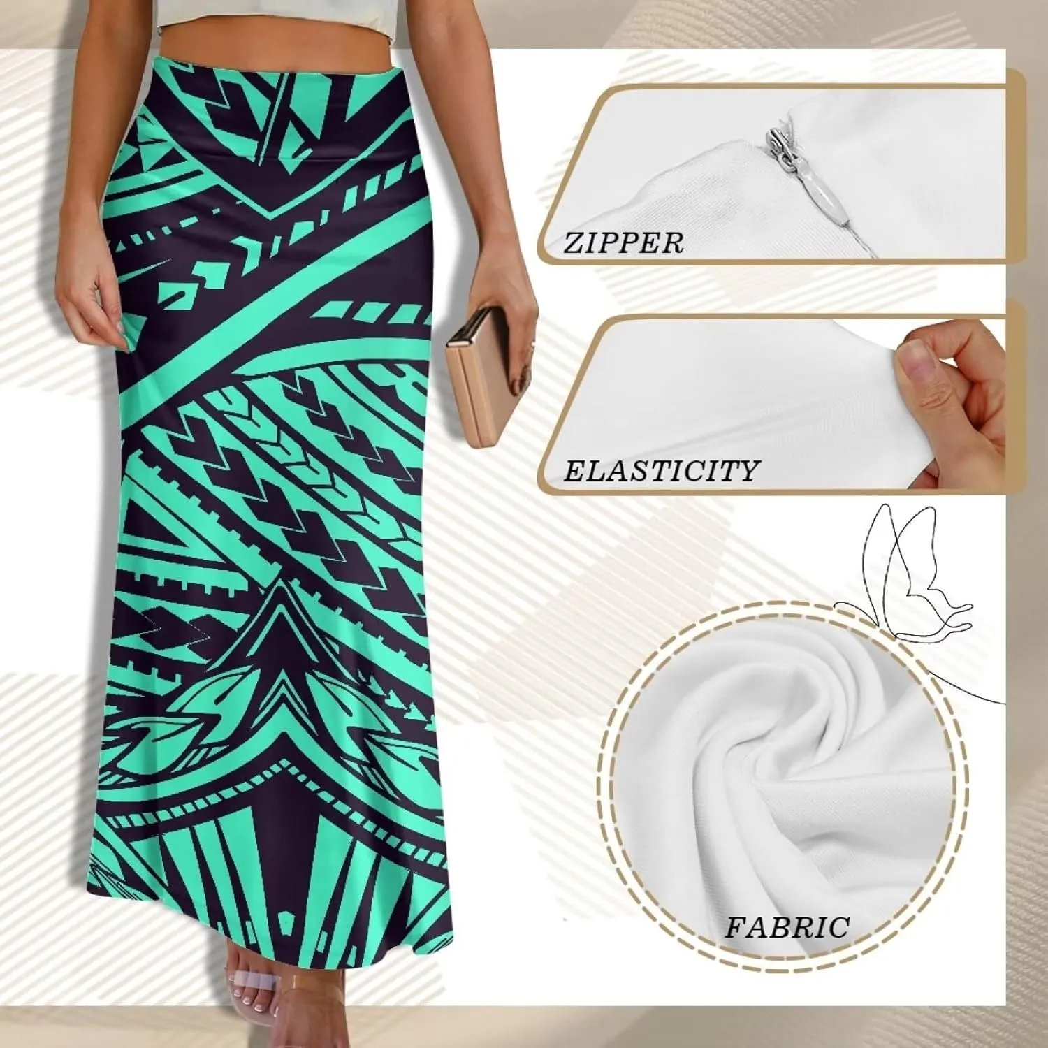 Polynesian Tapa Puletasi Samoan Long Maxi Skirts for Women Vintage High Waisted A-Link Long Maxi Skirt