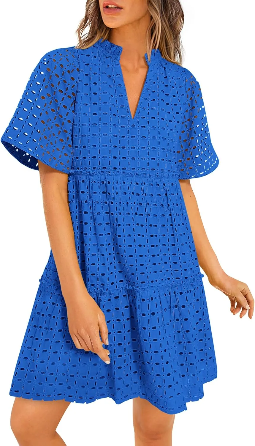 PRETTYGARDEN Summer Dresses for Women 2025 V Neck Hollow Out Eyelet Ruffle A Line Swing Short Beach Vacation Dress