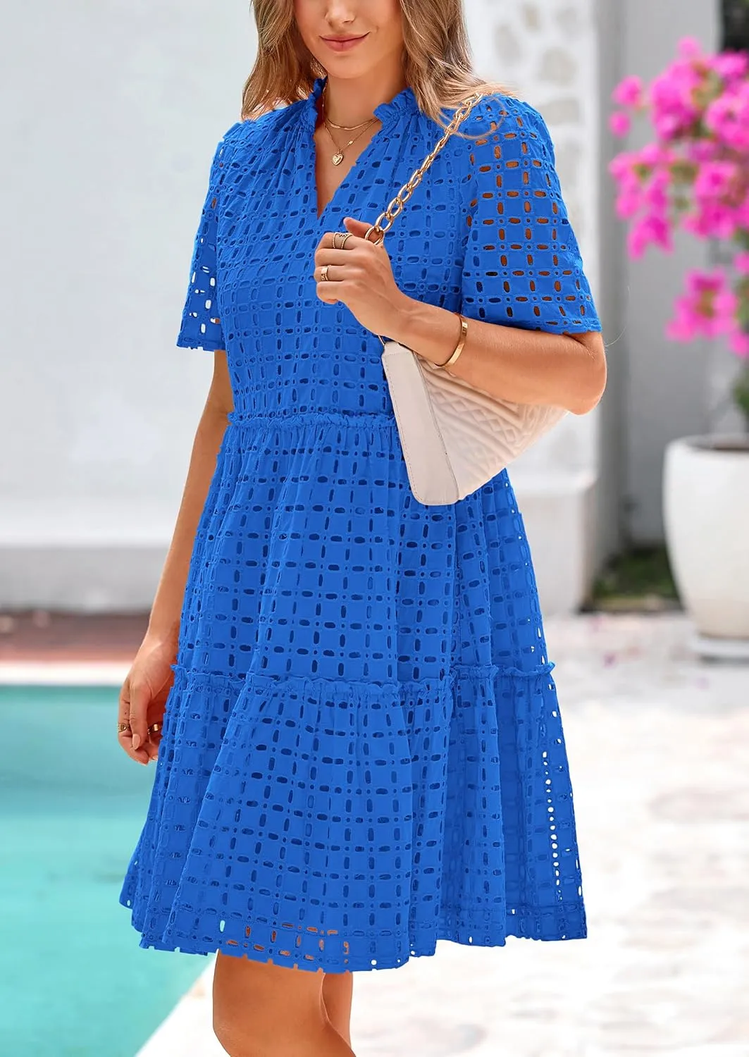 PRETTYGARDEN Summer Dresses for Women 2025 V Neck Hollow Out Eyelet Ruffle A Line Swing Short Beach Vacation Dress