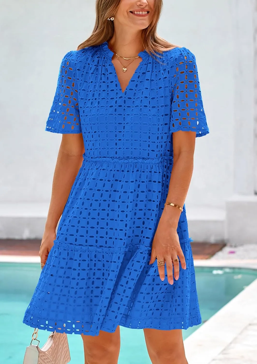 PRETTYGARDEN Summer Dresses for Women 2025 V Neck Hollow Out Eyelet Ruffle A Line Swing Short Beach Vacation Dress
