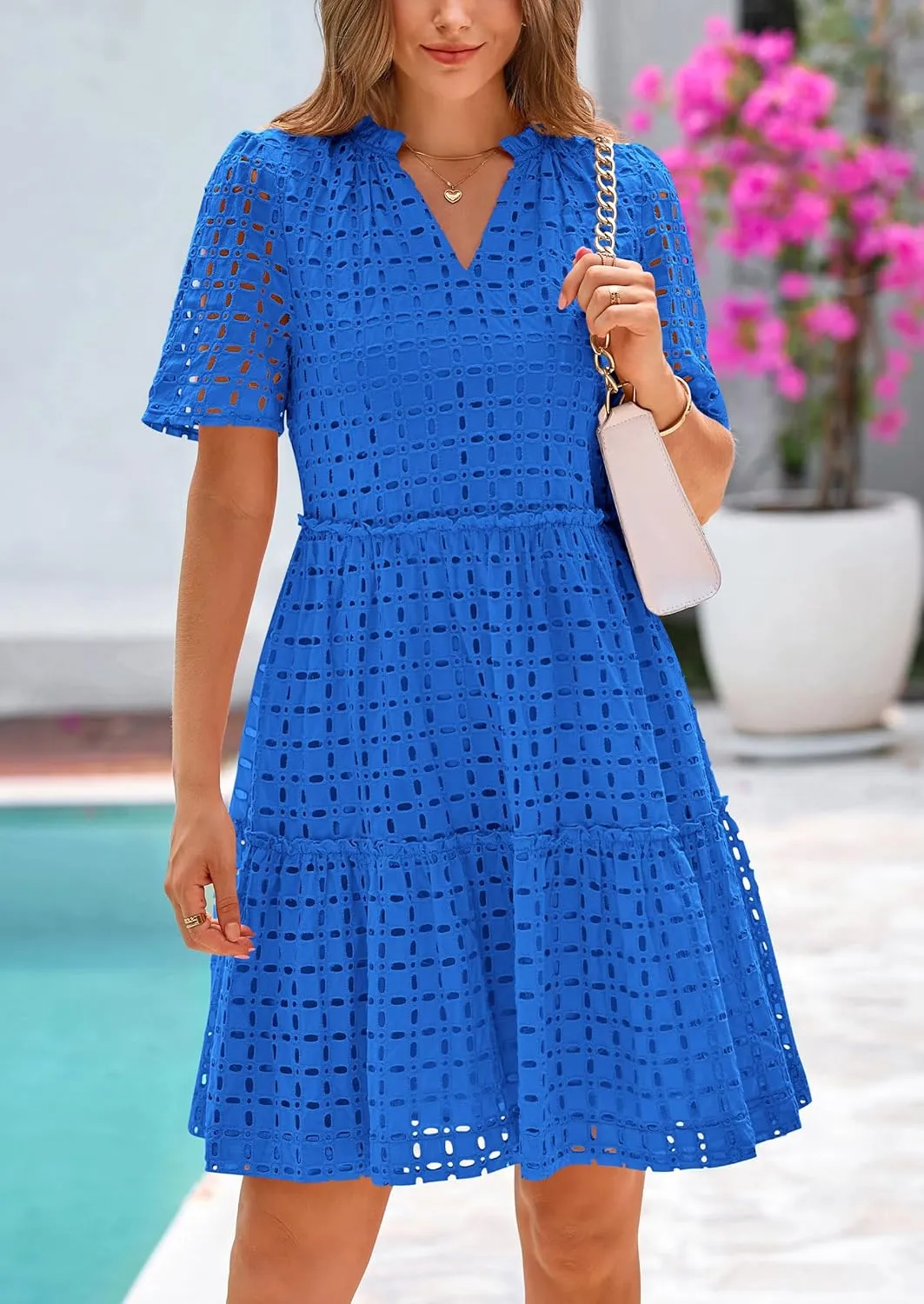 PRETTYGARDEN Summer Dresses for Women 2025 V Neck Hollow Out Eyelet Ruffle A Line Swing Short Beach Vacation Dress