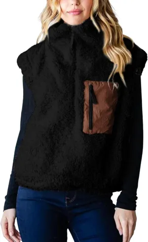 QIBABU Womens Fuzzy Fleece Vest Half Zip Pullover Vest Cozy Sleeveless Sherpa Jacket with Pockets