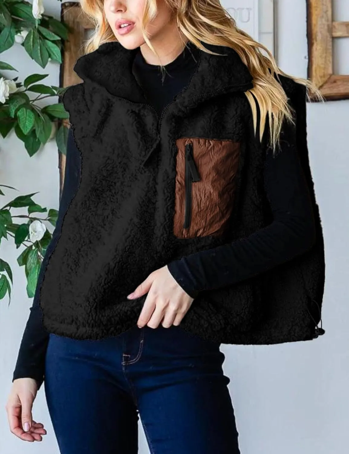 QIBABU Womens Fuzzy Fleece Vest Half Zip Pullover Vest Cozy Sleeveless Sherpa Jacket with Pockets