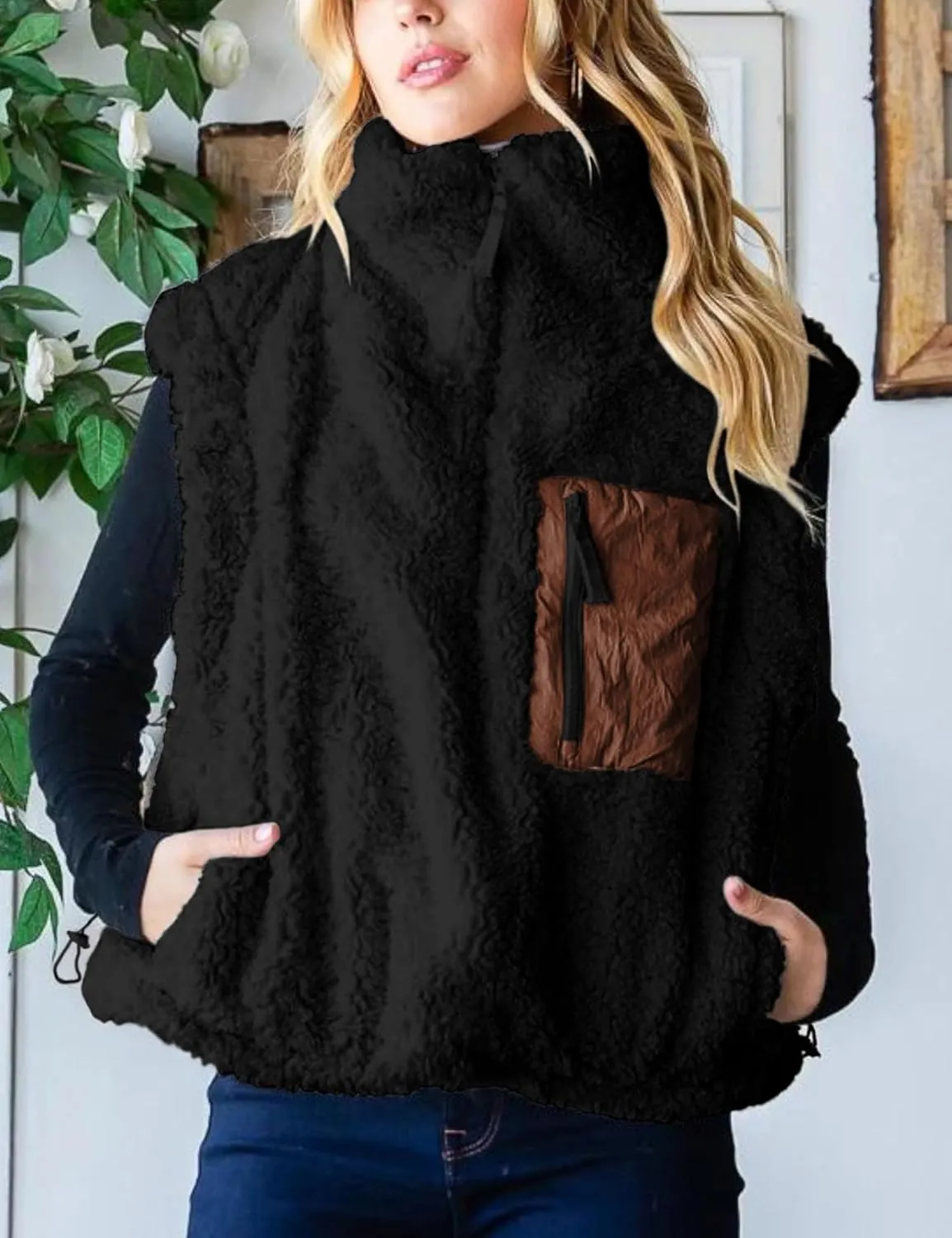 QIBABU Womens Fuzzy Fleece Vest Half Zip Pullover Vest Cozy Sleeveless Sherpa Jacket with Pockets