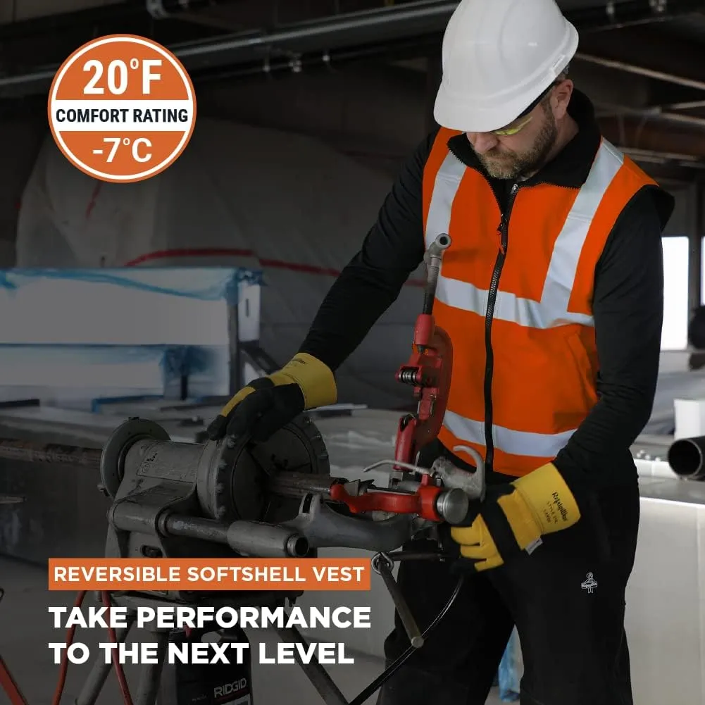 RefrigiWear Hivis Reversible Softshell Safety Vest - ANSI Class 2 High Visibility Orange with Reflective Tape