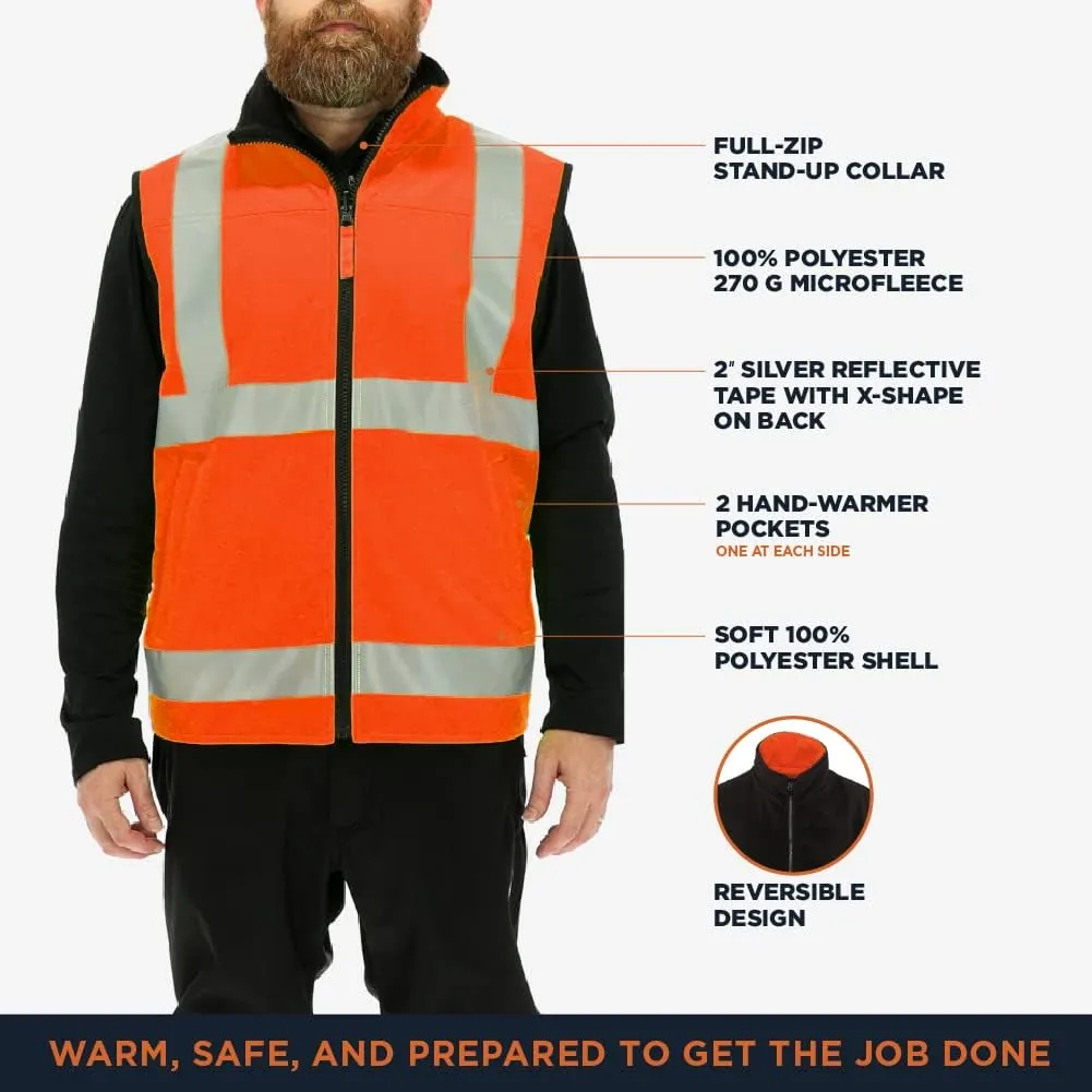 RefrigiWear Hivis Reversible Softshell Safety Vest - ANSI Class 2 High Visibility Orange with Reflective Tape