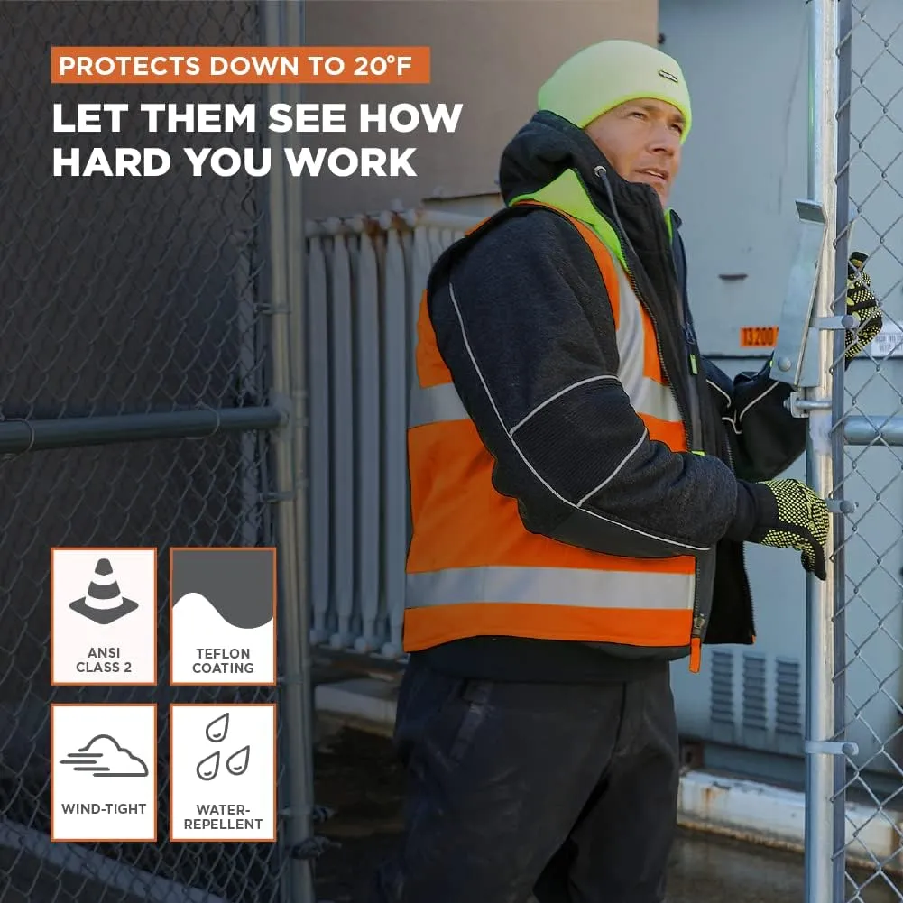 RefrigiWear Hivis Reversible Softshell Safety Vest - ANSI Class 2 High Visibility Orange with Reflective Tape