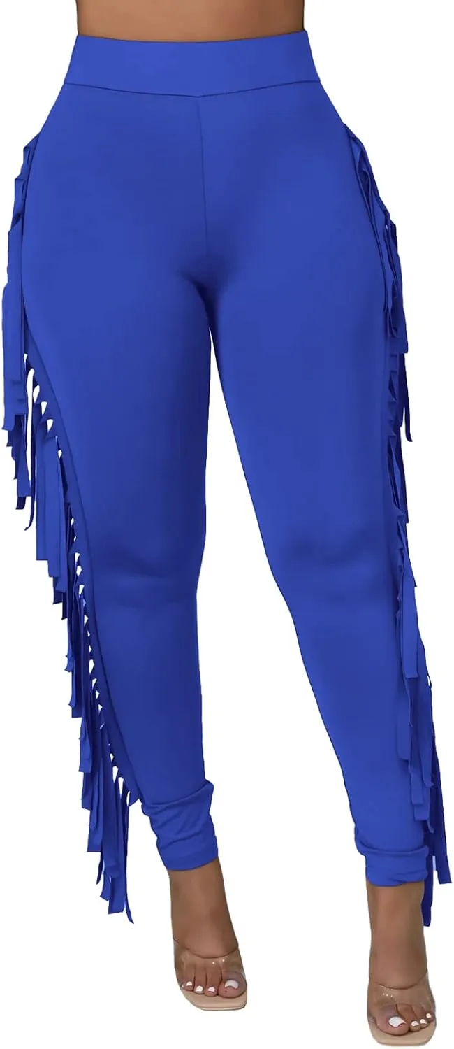 Rimhold Women's Fringe High Waist Solid Bodycon Side Tassel Pants Yoga Sweatpants Bandage Pants