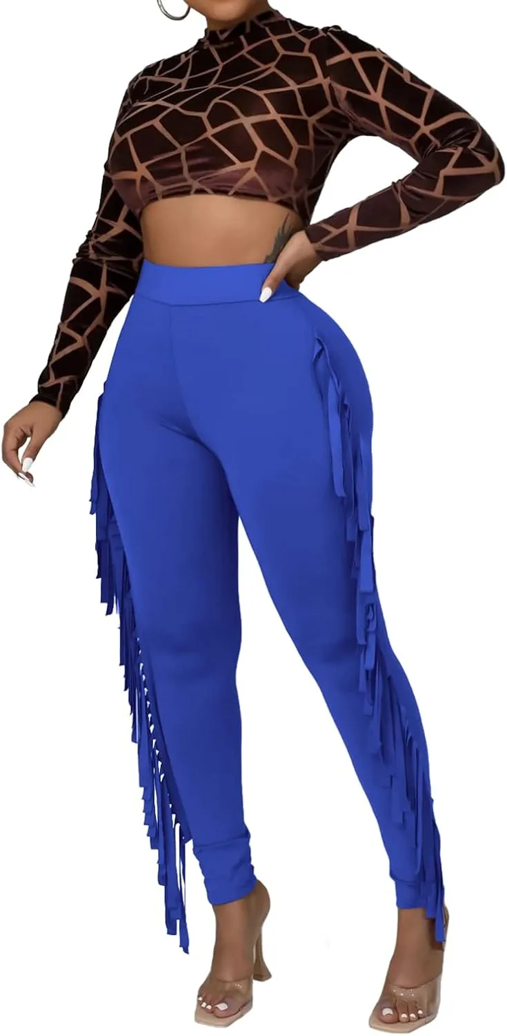 Rimhold Women's Fringe High Waist Solid Bodycon Side Tassel Pants Yoga Sweatpants Bandage Pants