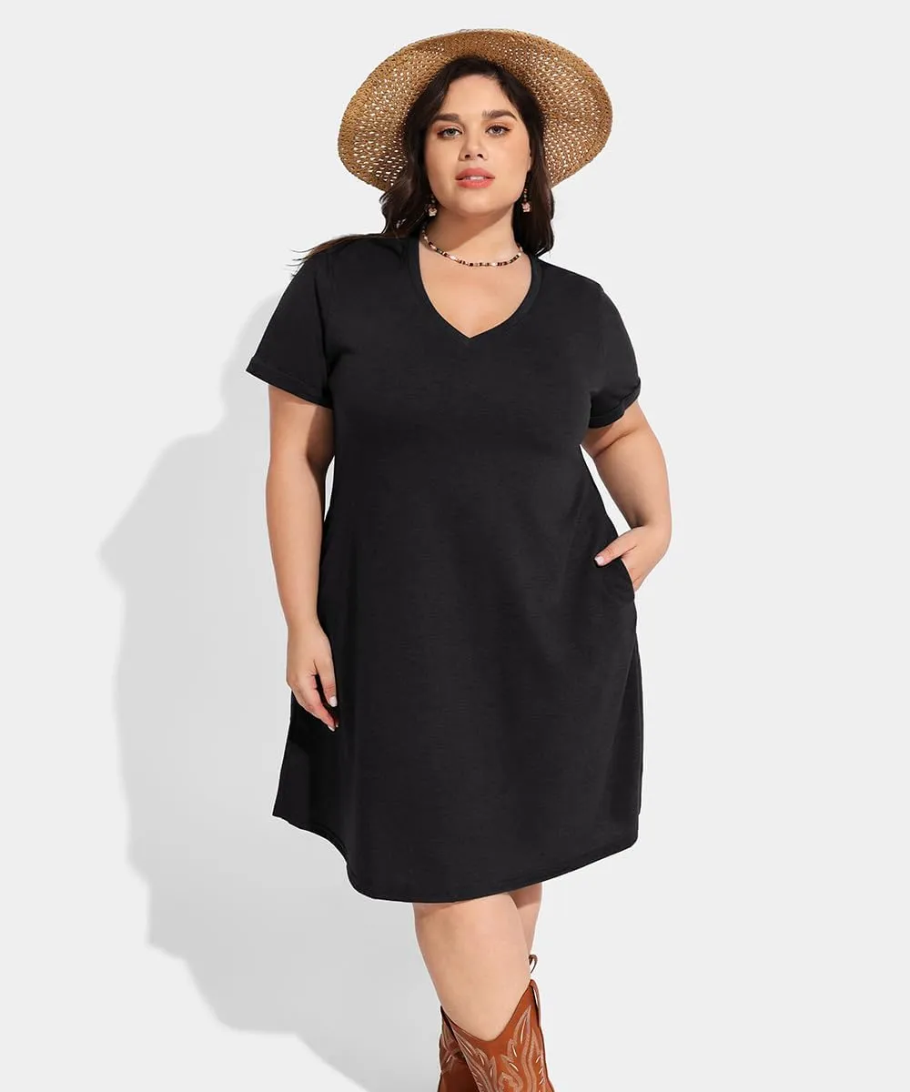 RITERA Plus Size Dresses for Women V Neck Casual Loose Pocket Short Sleeve Midi T Shirt Dress Summer Sundress XL-5XL 12W-28W