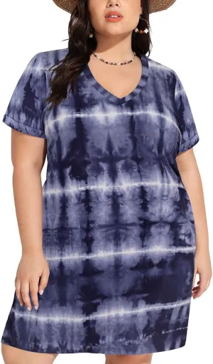RITERA Plus Size Dresses for Women V Neck Casual Loose Pocket Short Sleeve Midi T Shirt Dress Summer Sundress XL-5XL 12W-28W