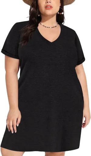 RITERA Plus Size Dresses for Women V Neck Casual Loose Pocket Short Sleeve Midi T Shirt Dress Summer Sundress XL-5XL 12W-28W