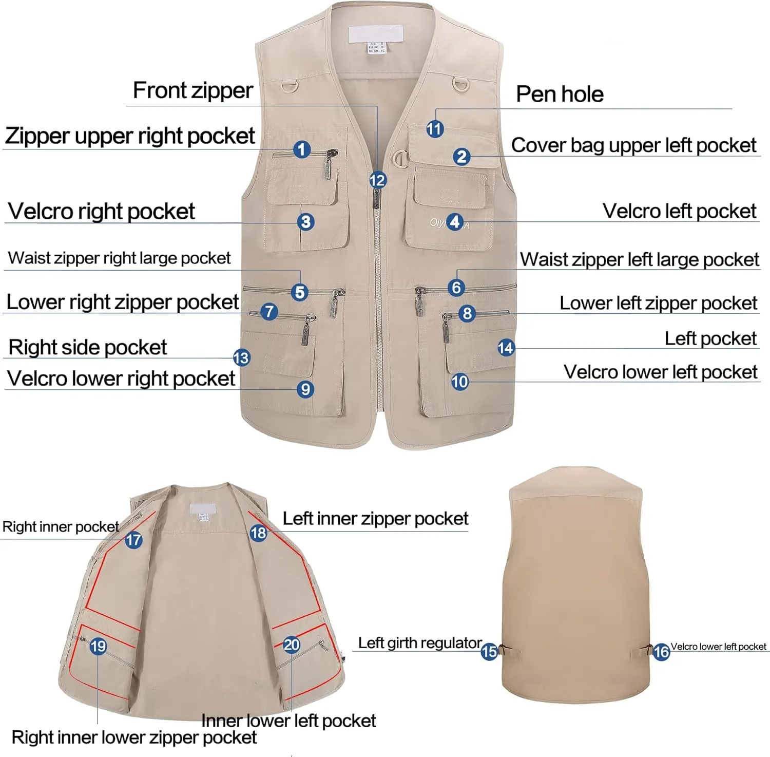 Riutiru Men's Versatile Outdoor Travel Sports Vest, Olympina Multiple Pockets for Work, Fishing, Hunting, Tactical Missions