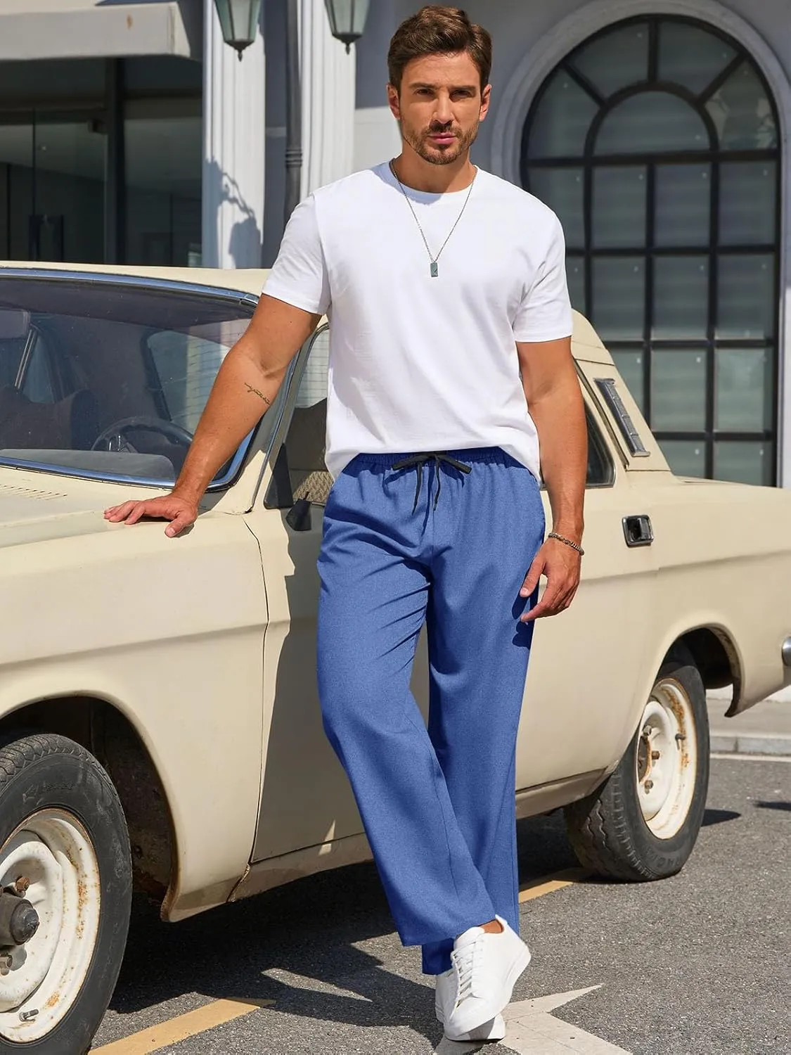 Runcati Mens Casual Pants Drawstring Elastic Waist Lightweight Trousers Linen Beach Summer Lounge Pants