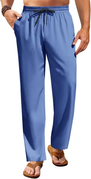 Runcati Mens Casual Pants Drawstring Elastic Waist Lightweight Trousers Linen Beach Summer Lounge Pants
