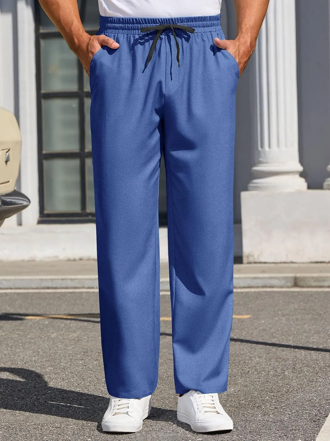 Runcati Mens Casual Pants Drawstring Elastic Waist Lightweight Trousers Linen Beach Summer Lounge Pants