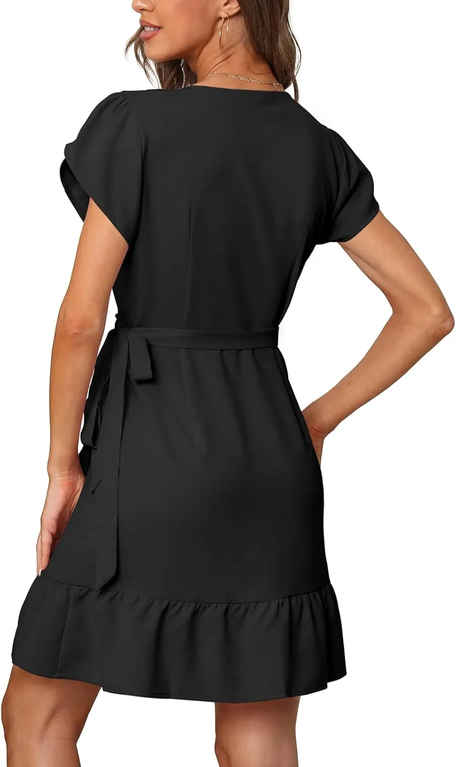 SAMPEEL Summer V Neck Wrap Petal Sleeve Short Dress with Belt for Women