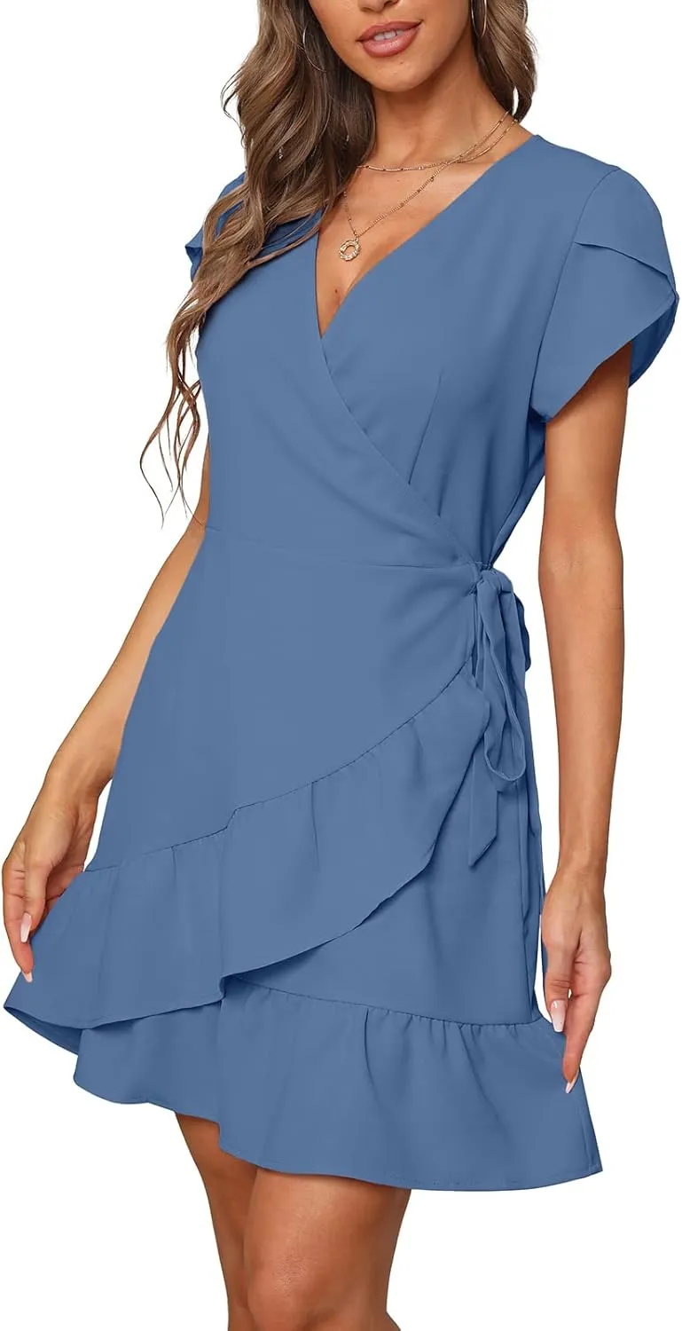SAMPEEL Summer V Neck Wrap Petal Sleeve Short Dress with Belt for Women
