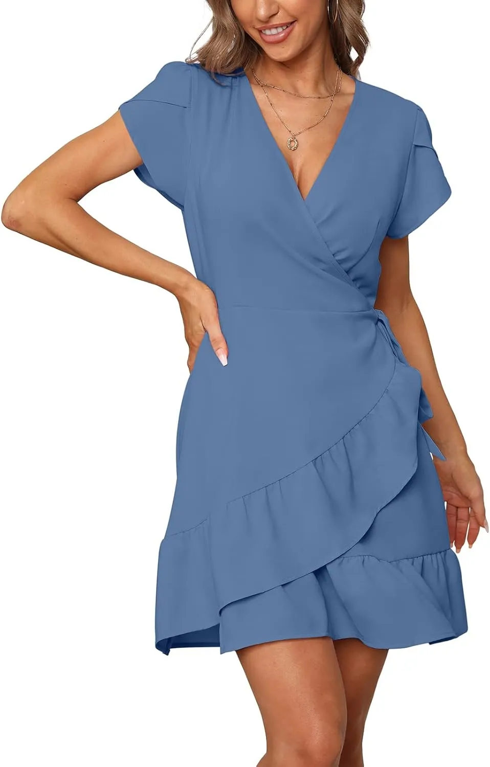 SAMPEEL Summer V Neck Wrap Petal Sleeve Short Dress with Belt for Women