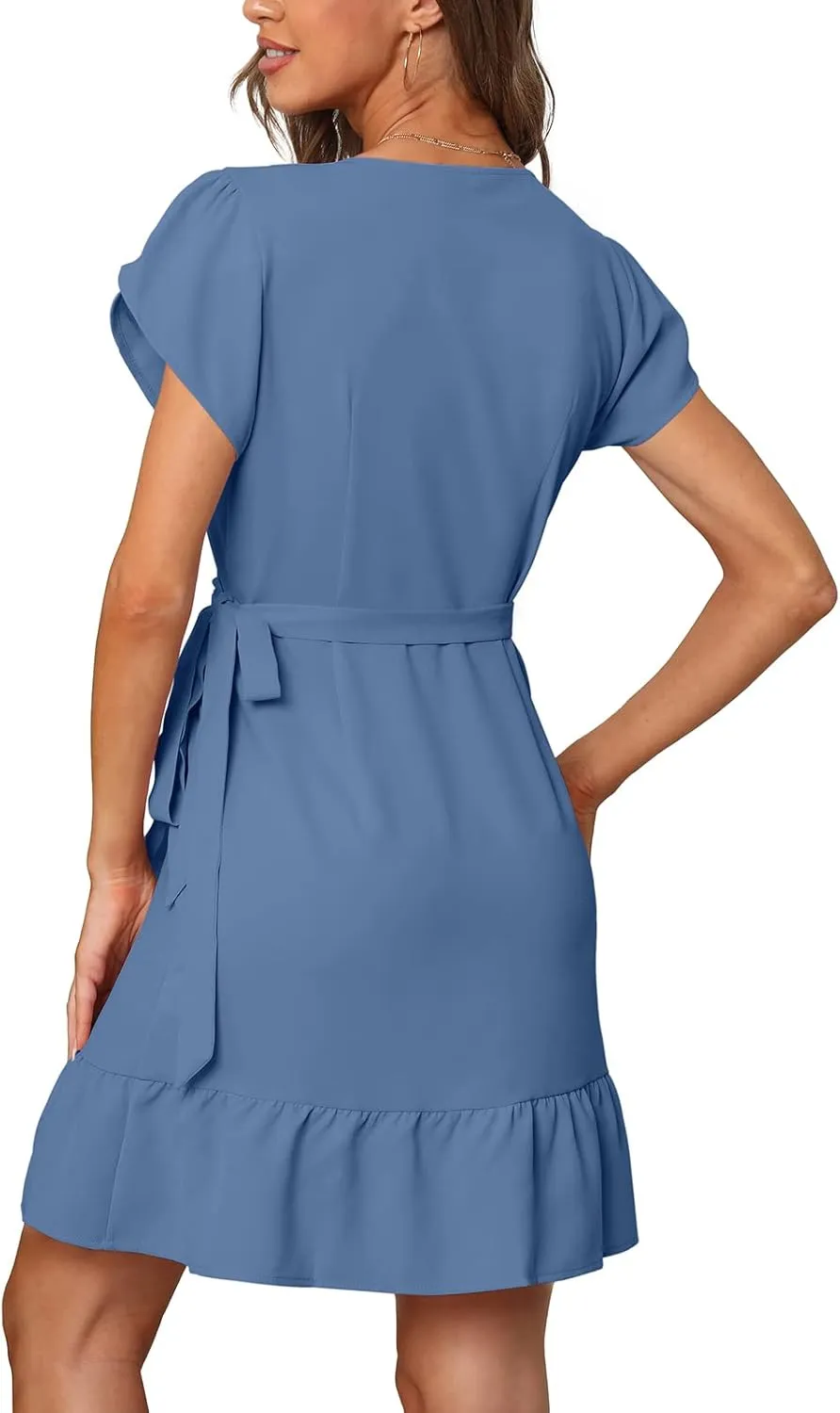 SAMPEEL Summer V Neck Wrap Petal Sleeve Short Dress with Belt for Women