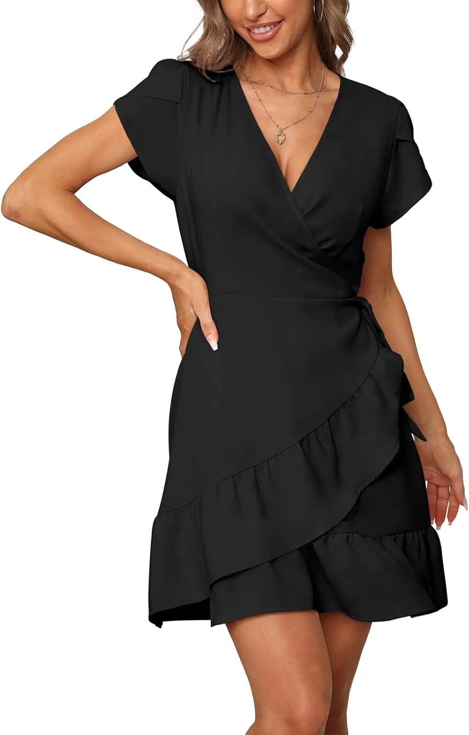 SAMPEEL Summer V Neck Wrap Petal Sleeve Short Dress with Belt for Women