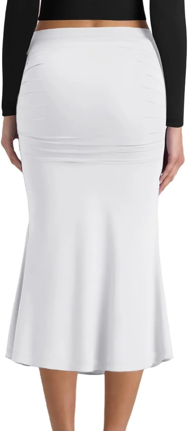 SEBOWEL Women Bodycon Ruched Skirt Shirring High Waist Casual Long Pencil Skirts Stretchy Midi Ruffle Club Party Skirt