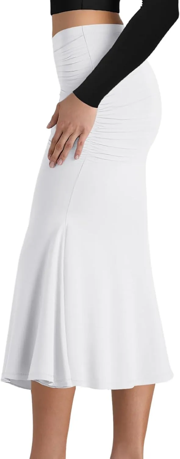 SEBOWEL Women Bodycon Ruched Skirt Shirring High Waist Casual Long Pencil Skirts Stretchy Midi Ruffle Club Party Skirt