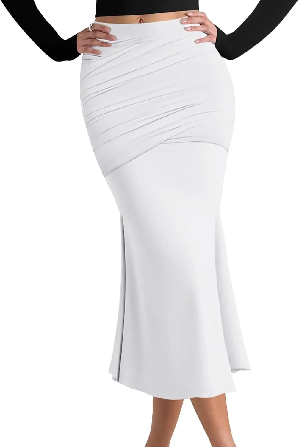 SEBOWEL Women Bodycon Ruched Skirt Shirring High Waist Casual Long Pencil Skirts Stretchy Midi Ruffle Club Party Skirt