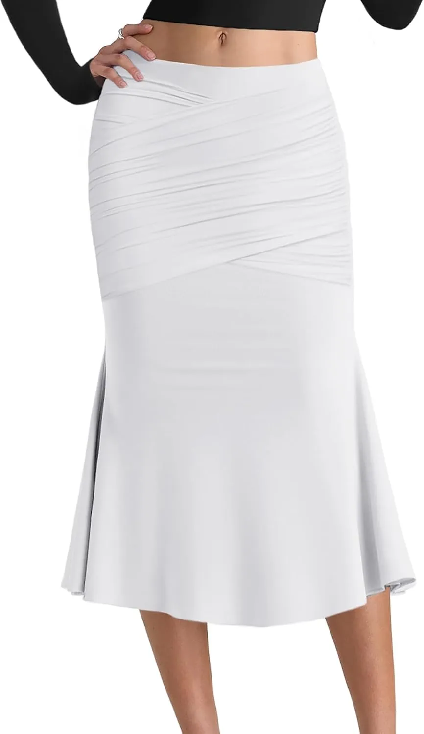 SEBOWEL Women Bodycon Ruched Skirt Shirring High Waist Casual Long Pencil Skirts Stretchy Midi Ruffle Club Party Skirt